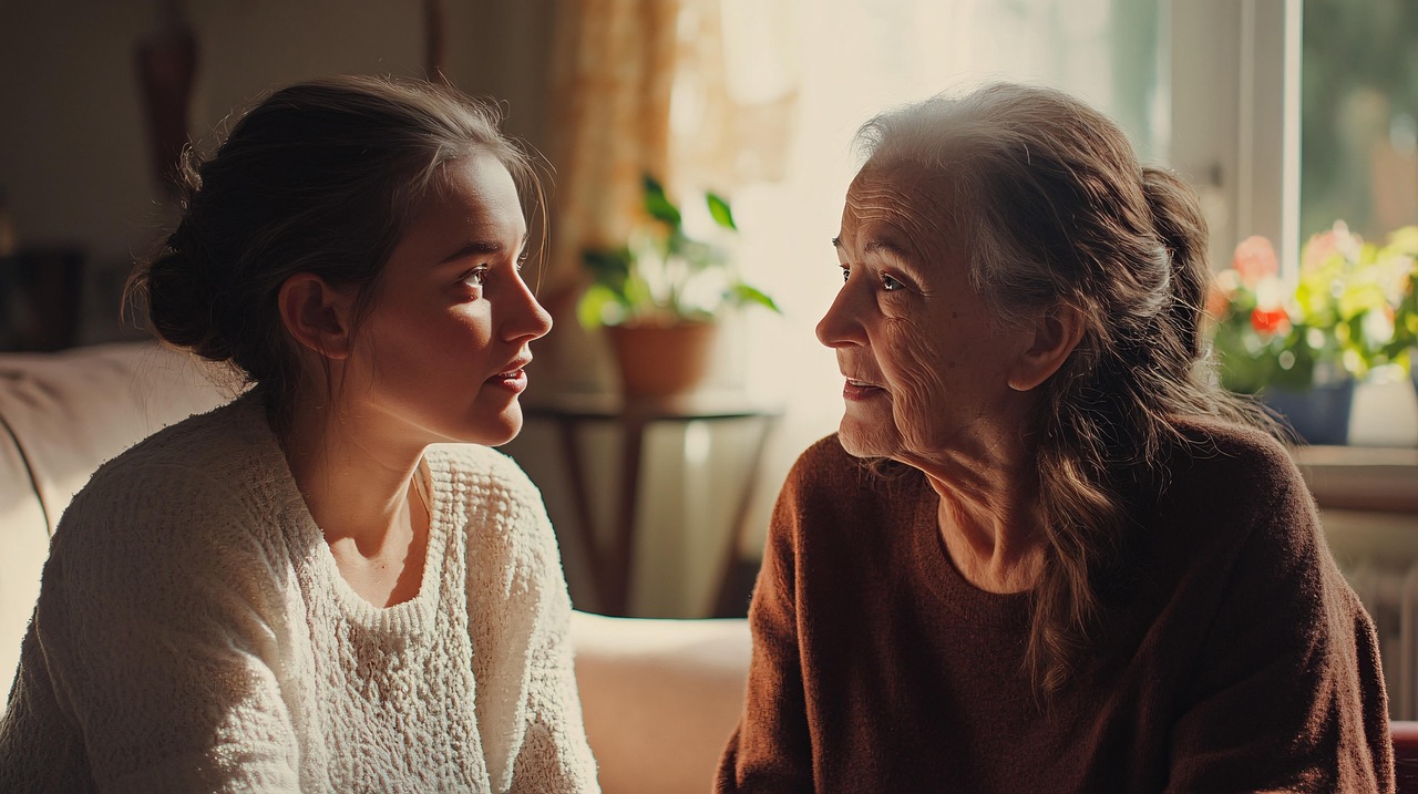 ai generated, visitor, senior, woman, home, care, conversation, support, elder, bond, caregiver, elderly, warmth, cozy, personal, interaction, visit, healthcare, nurse, family, connection, comfort
